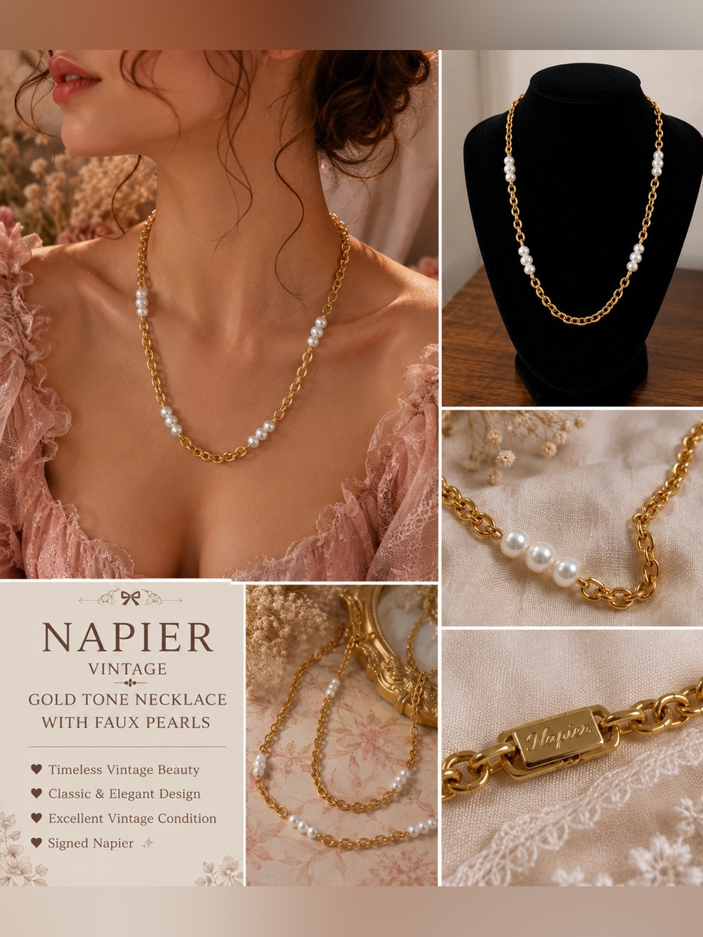 Vintage Napier Gold Tone Faux Pearl Necklace | Signed | Classic Elegant Statemen